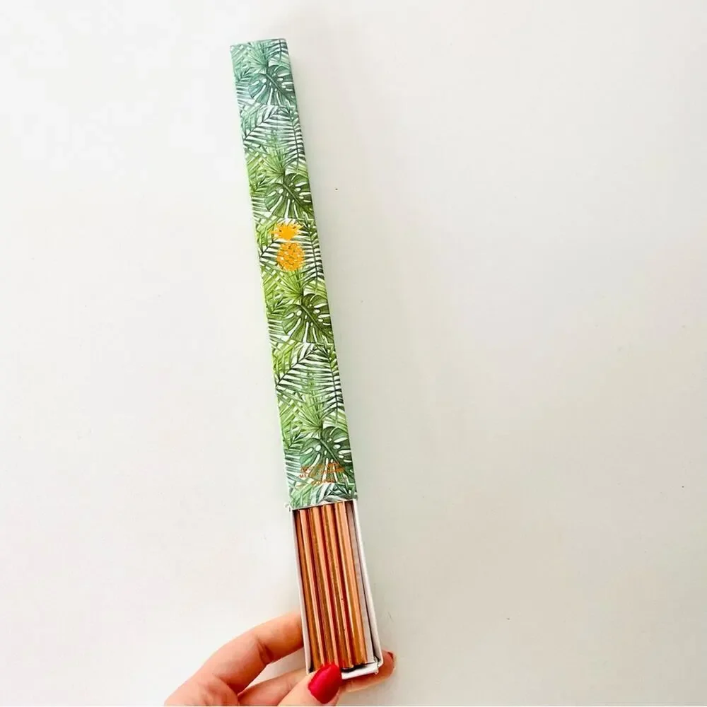 NEW ANTHROPOLOGIE Copper Metal Reusable Drink Straw Set 4 10” Leaf Gift Box